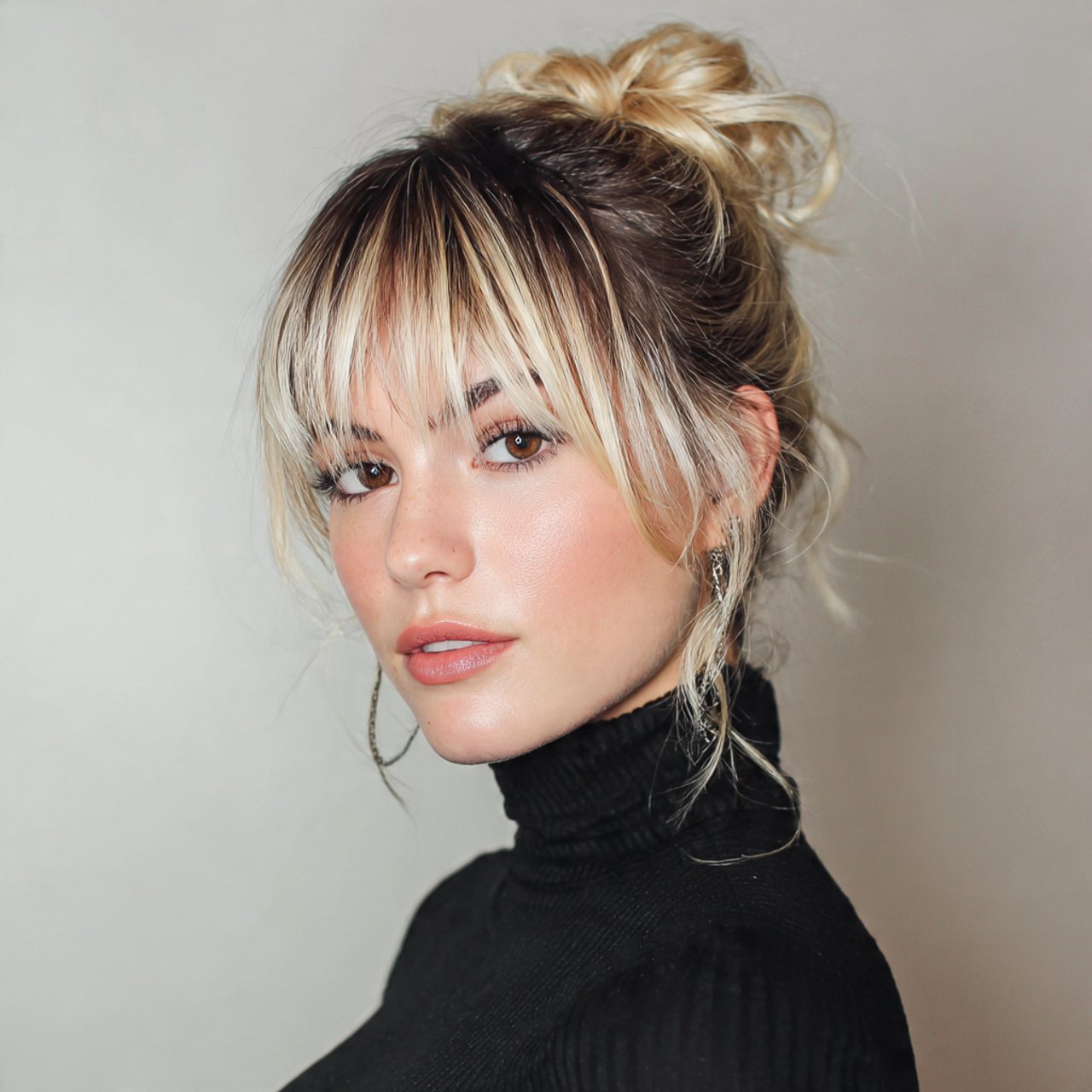 17 Short Curtain Bangs Ideas for a Fresh, Trendy Look 17 messy bun with short curtain bangs hairstyle