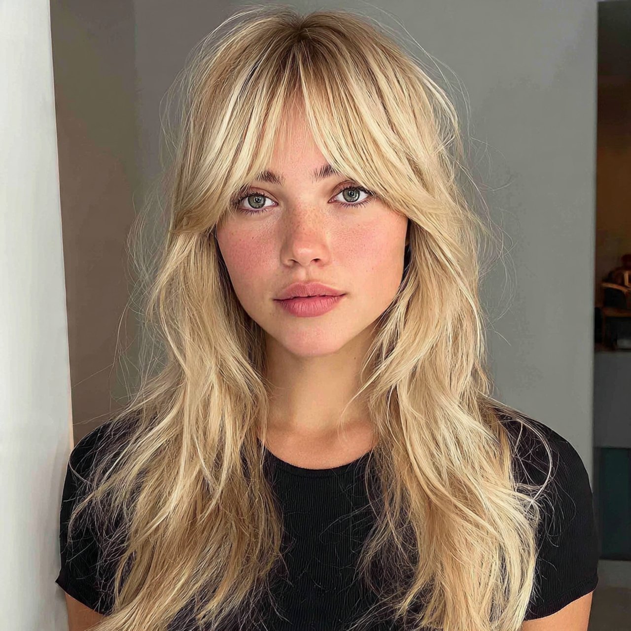 messy hairstyle curtain bangs