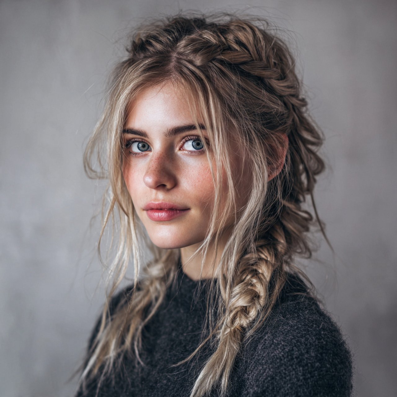 messy half up braided hairstyle single portrait sq