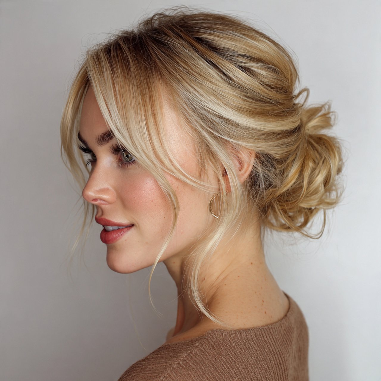 messy low bun hairstyle with face framing strands
