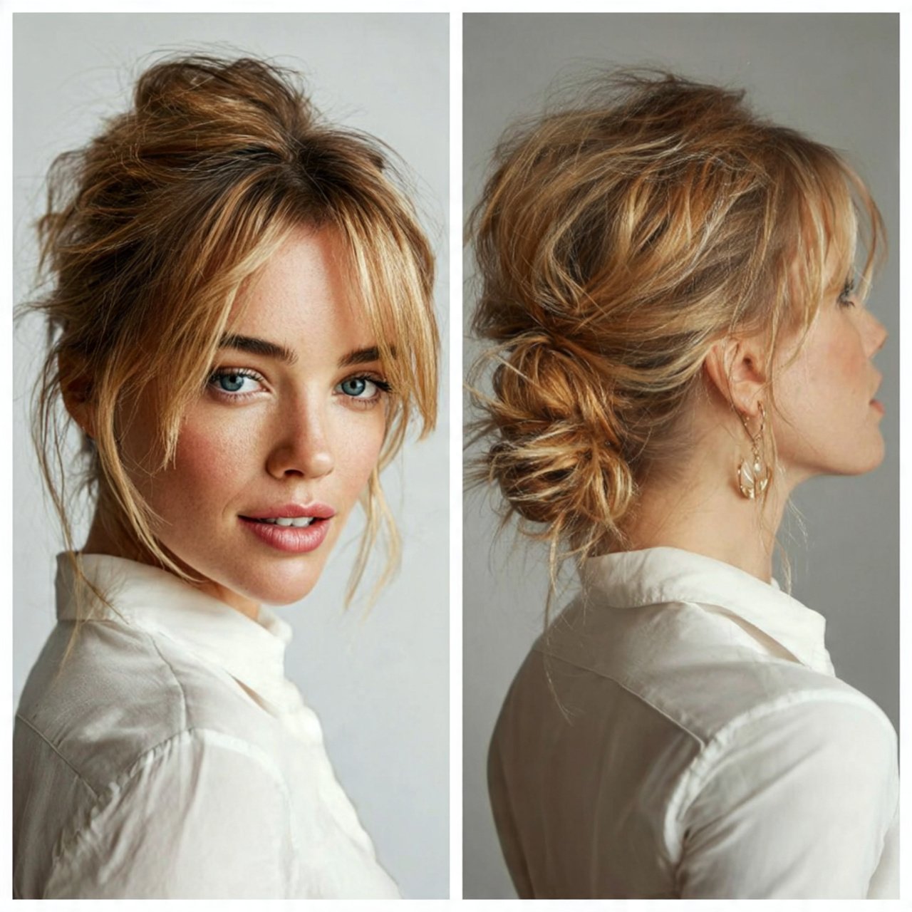 messy low bun hairstyles 1