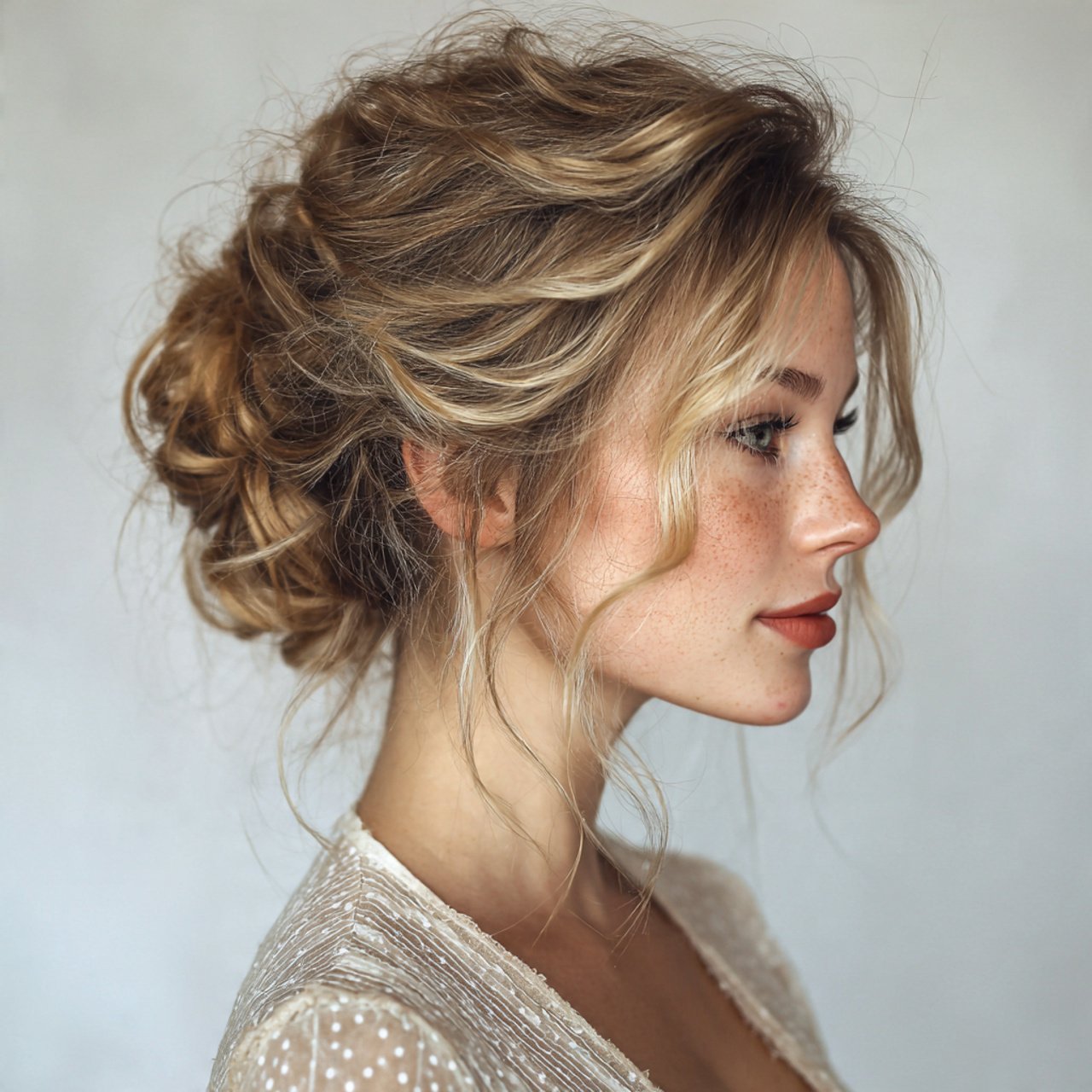 messy low bun with face framing strands hairstyle