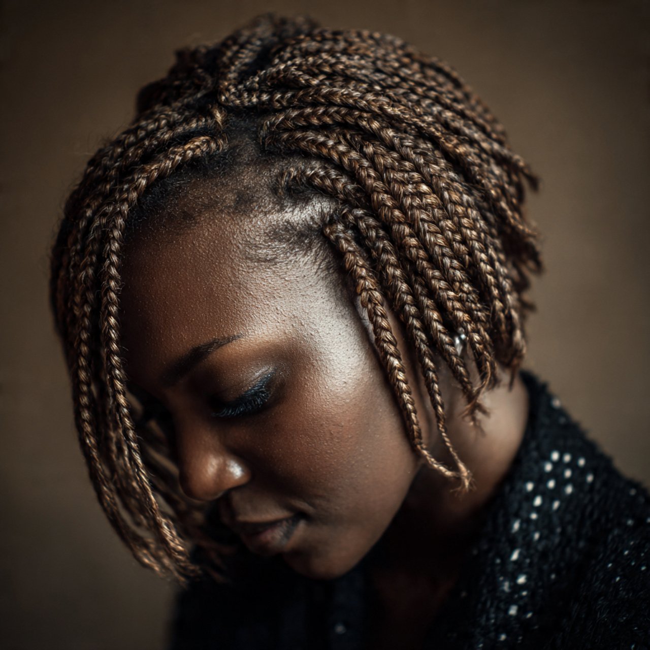micro braids hairstyle on short hair detailed clos
