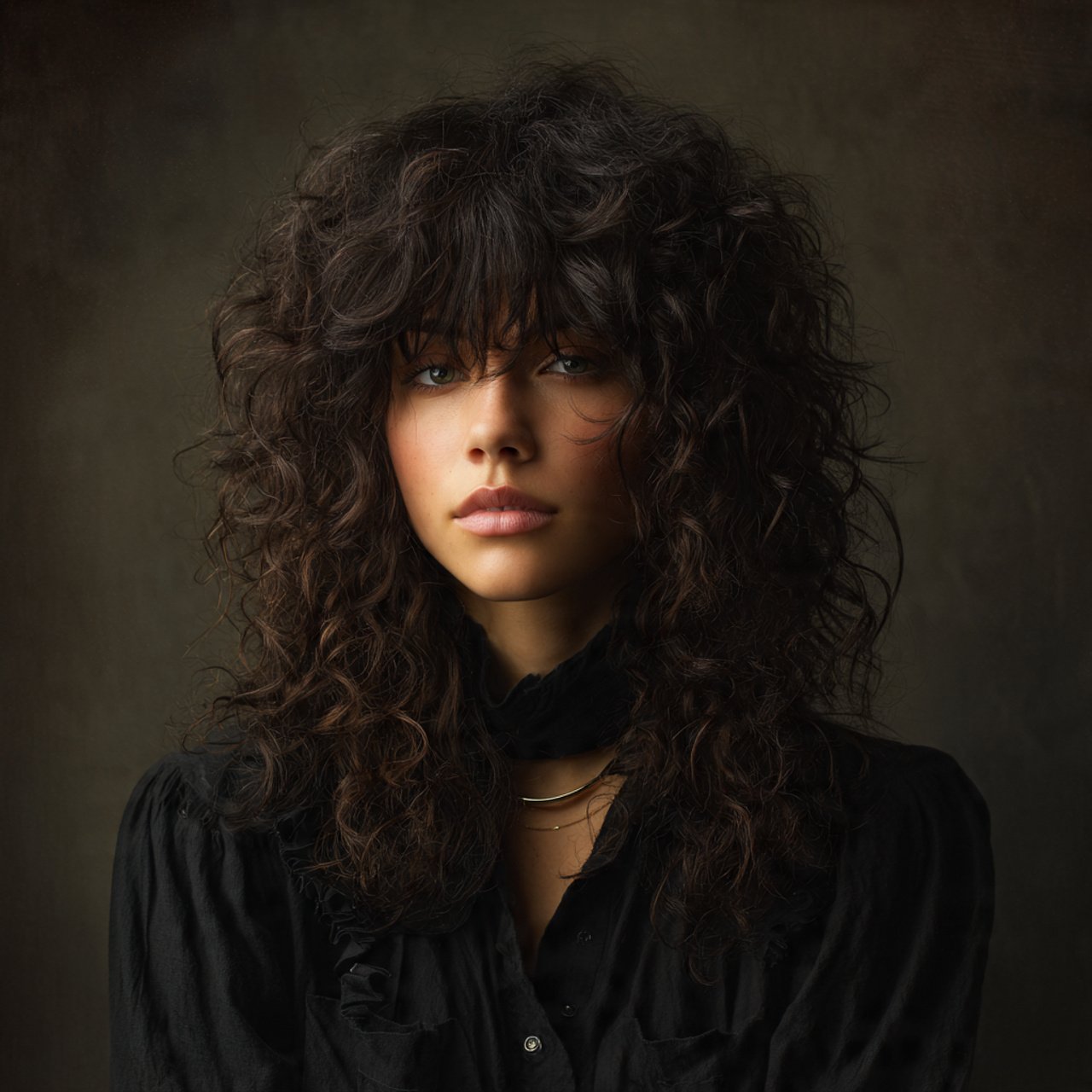 portrait of a person with long wolf cut curly hair