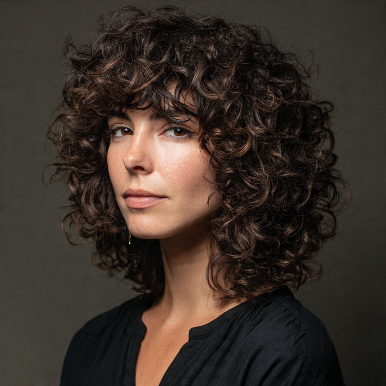 portrait of a woman with a tight curl wolf cut hai