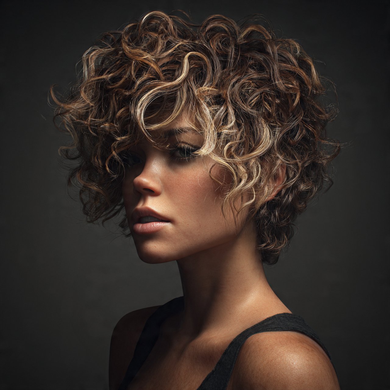 portrait of a woman with short curly hair with hig