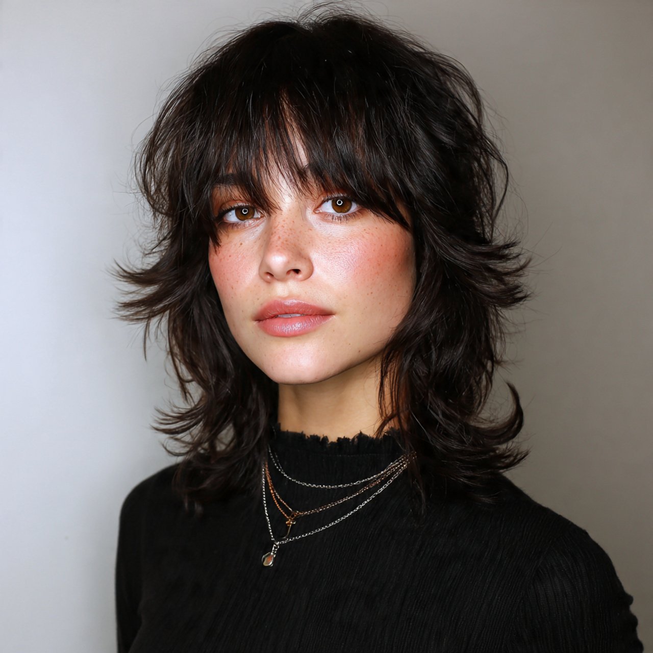 shag cut hairstyle with curtain bangs