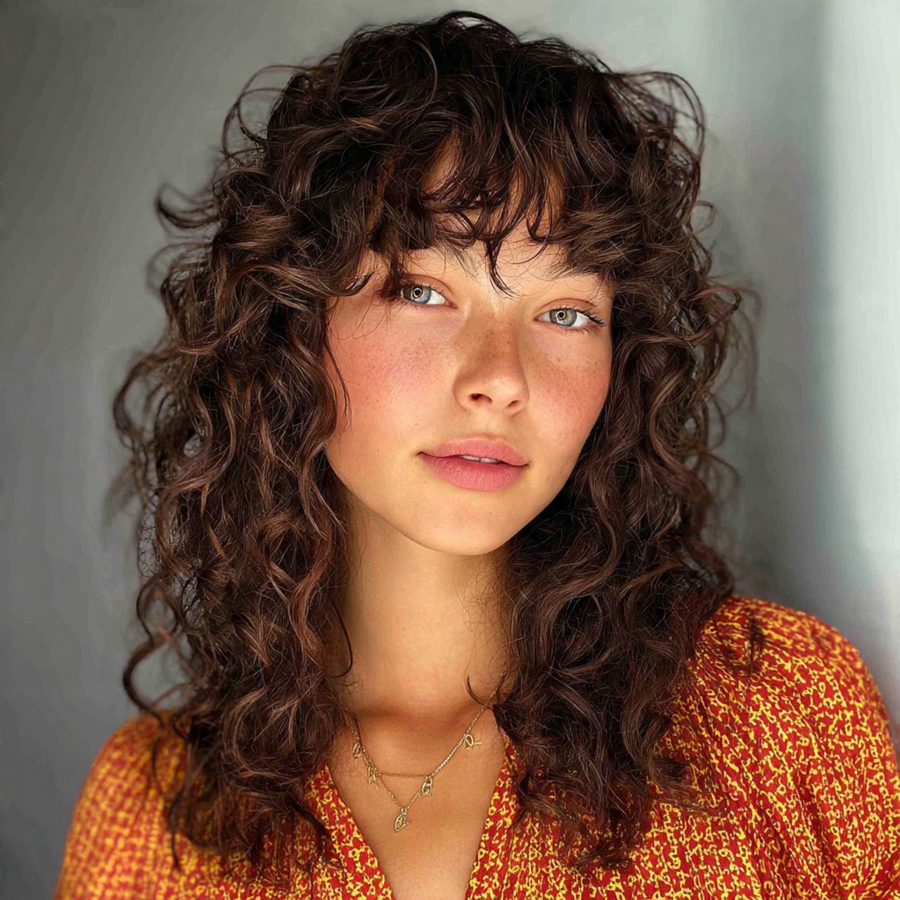 shaggy curly curtain bangs hairstyle