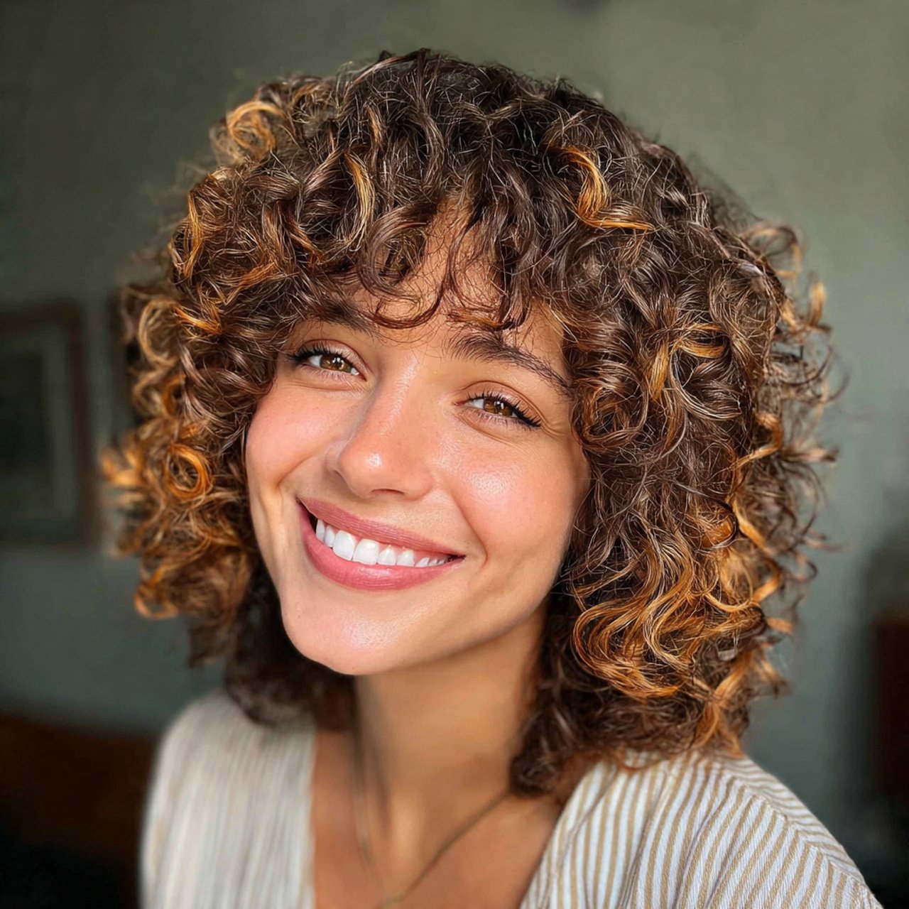 short curly hair with highlights