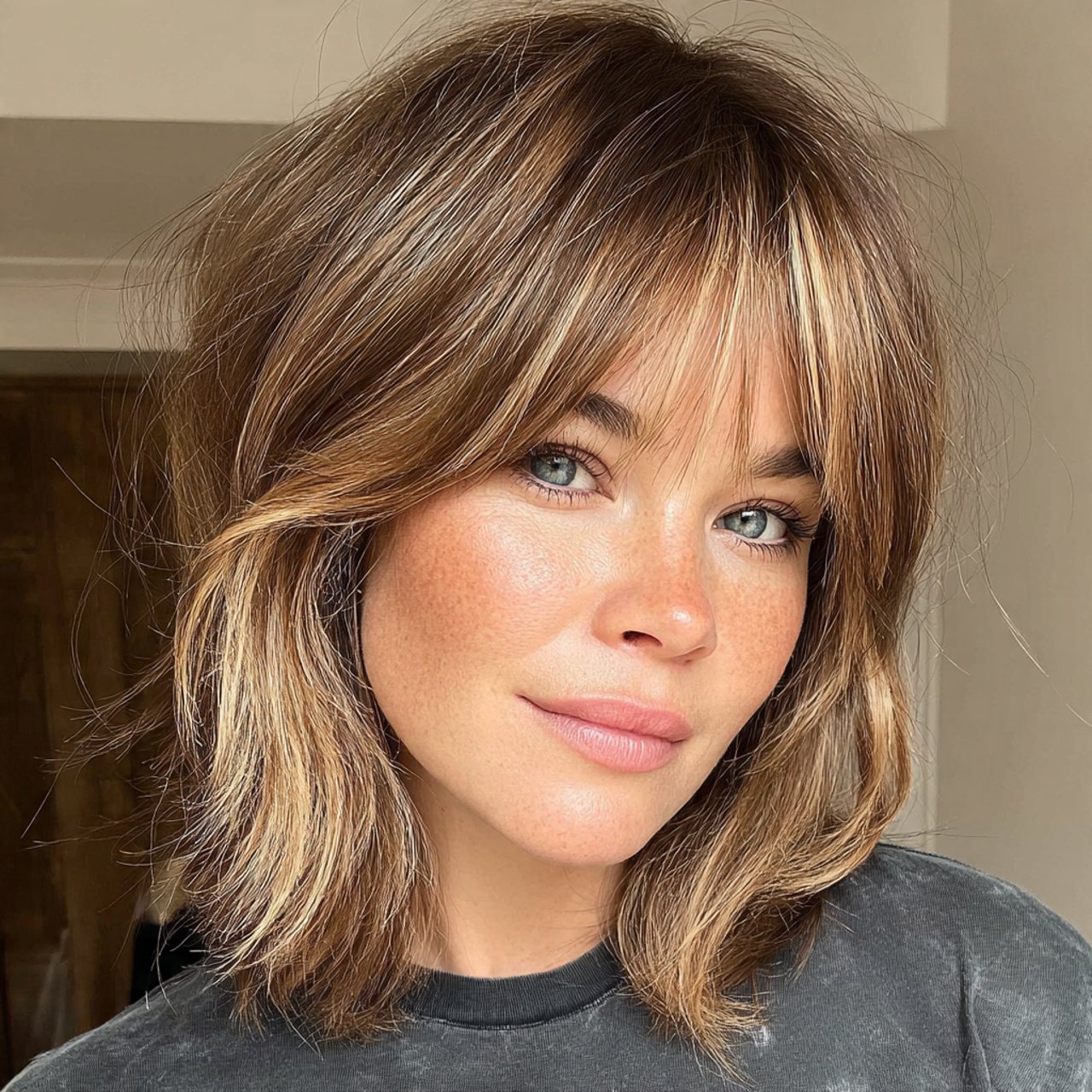 short hair with curtain bangs and highlights hairs