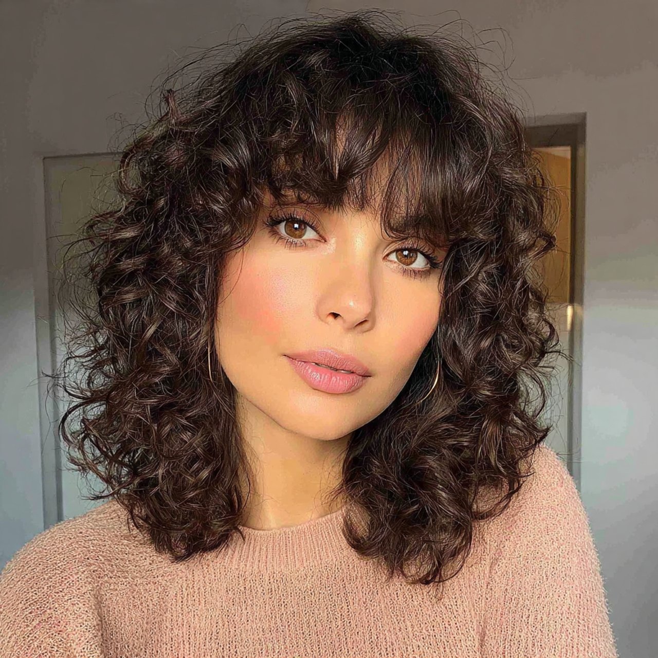 shoulder length curly curtain bangs hairstyle