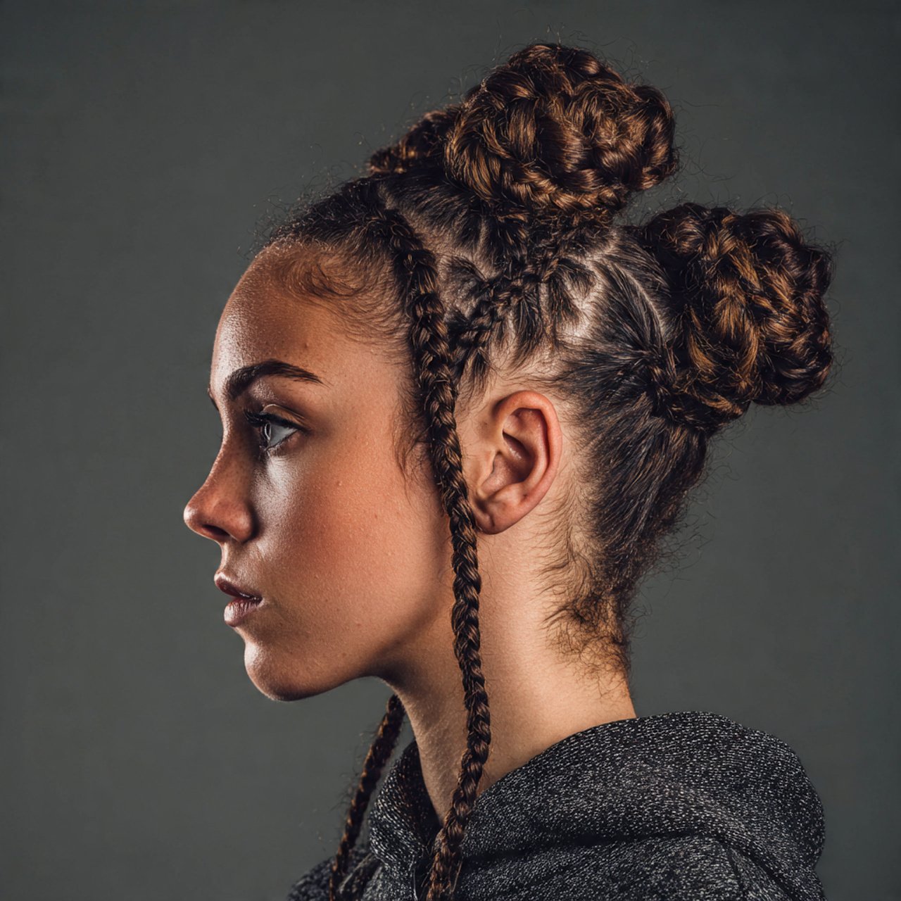 single person with braided space buns hairstyle de