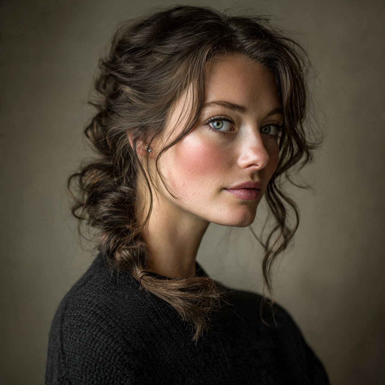 single photo of a woman with side braid and loose