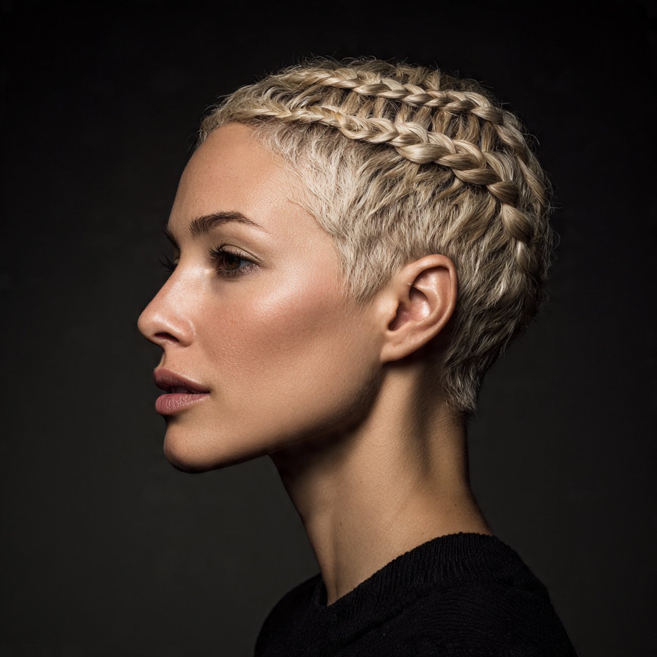 single portrait of a woman with a braided pixie cu