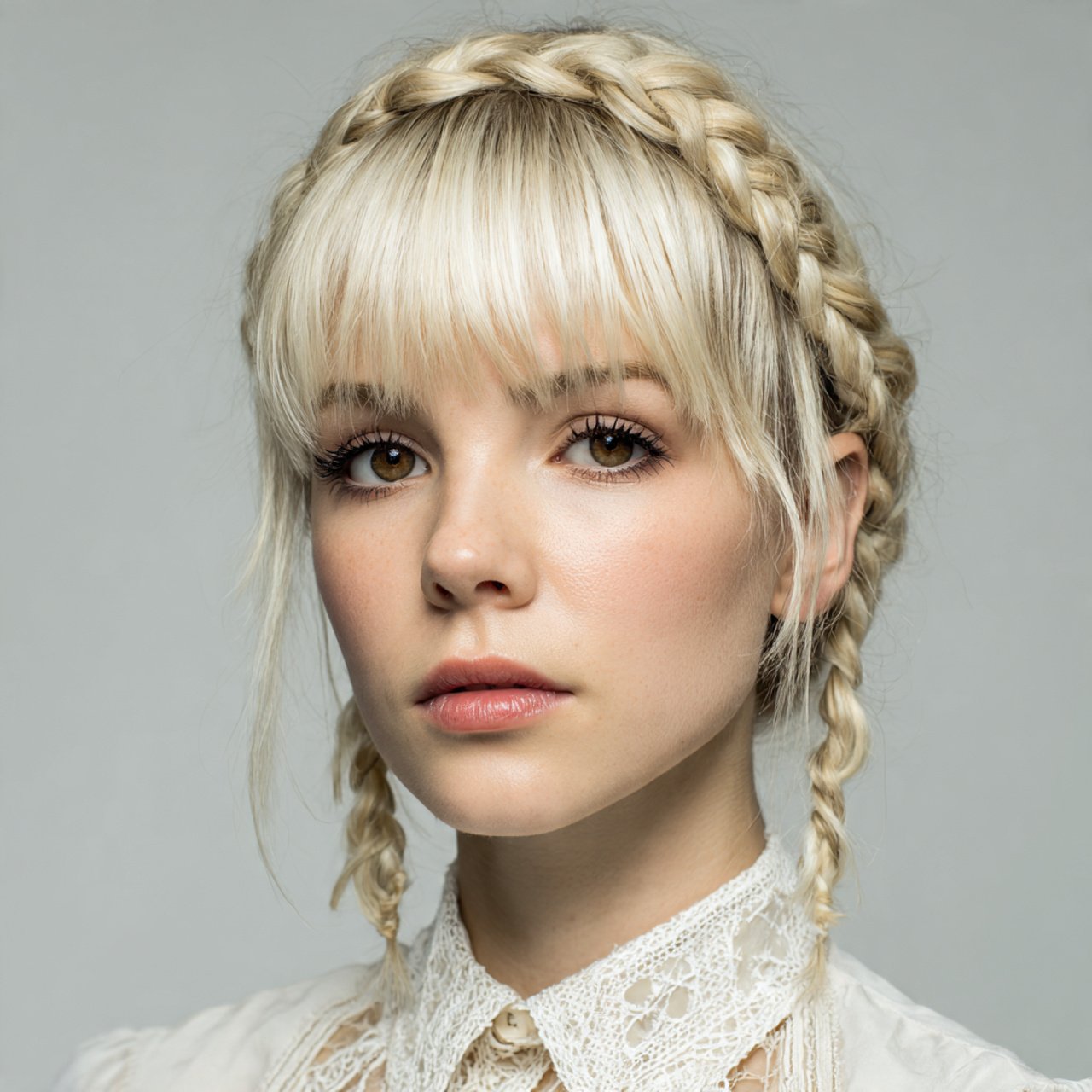 single portrait of a woman with braided bangs hair
