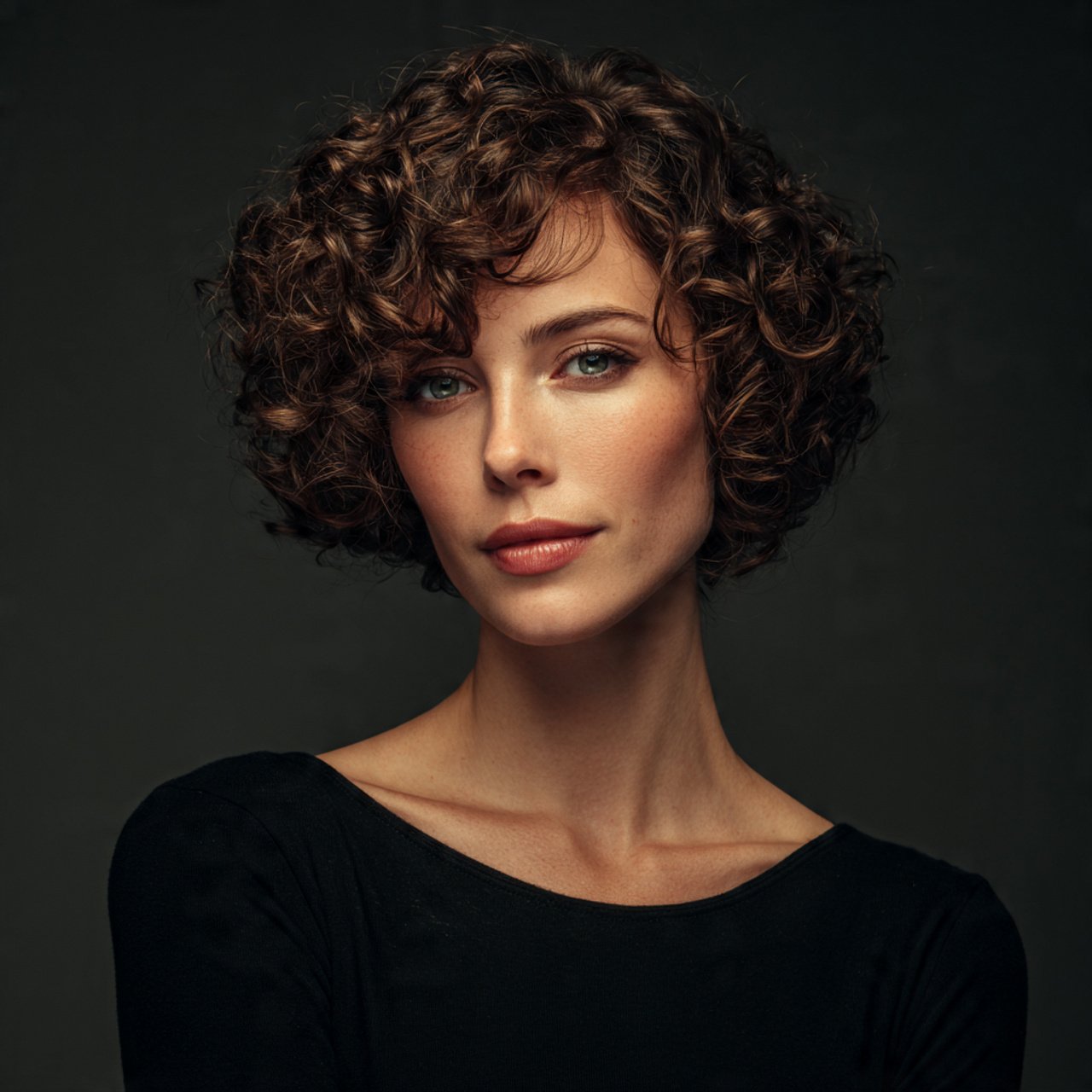 single portrait of a woman with curly hair styled