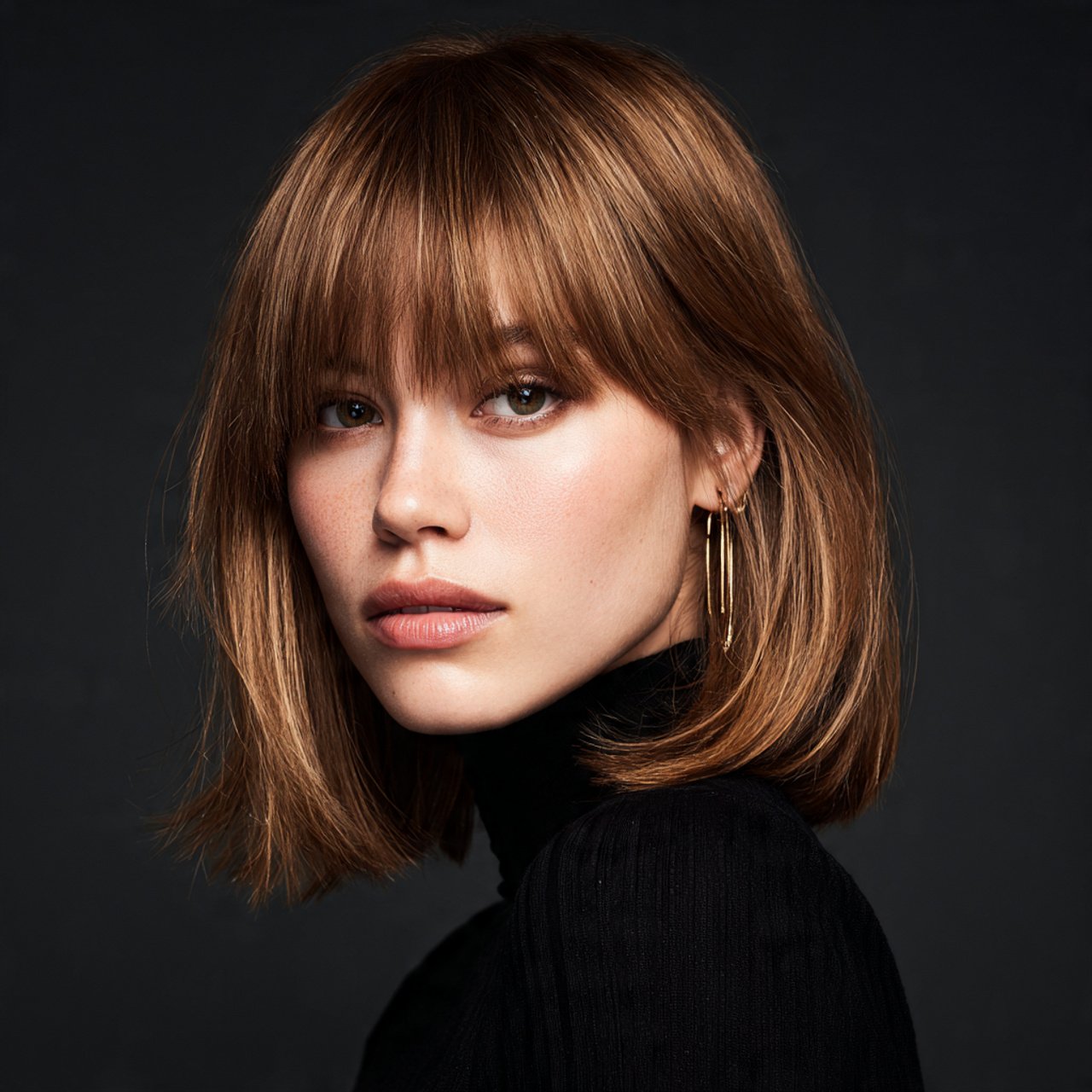 single portrait of a woman with curtain bangs stra