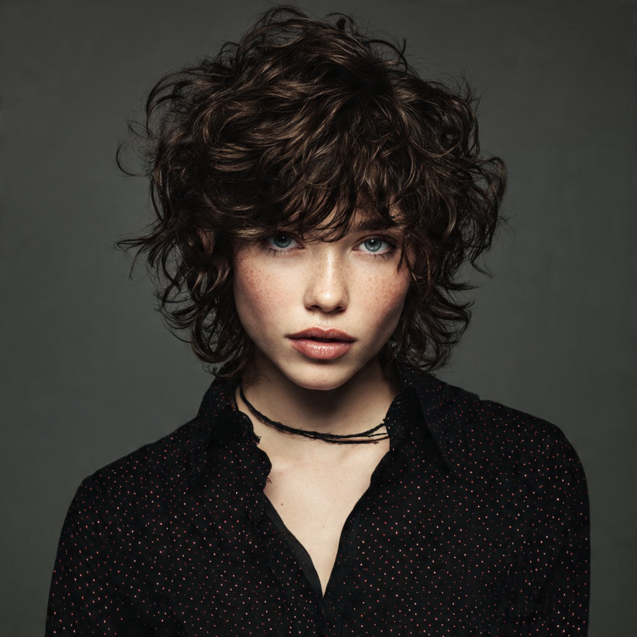 single portrait photo messy wolf cut hairstyle wit