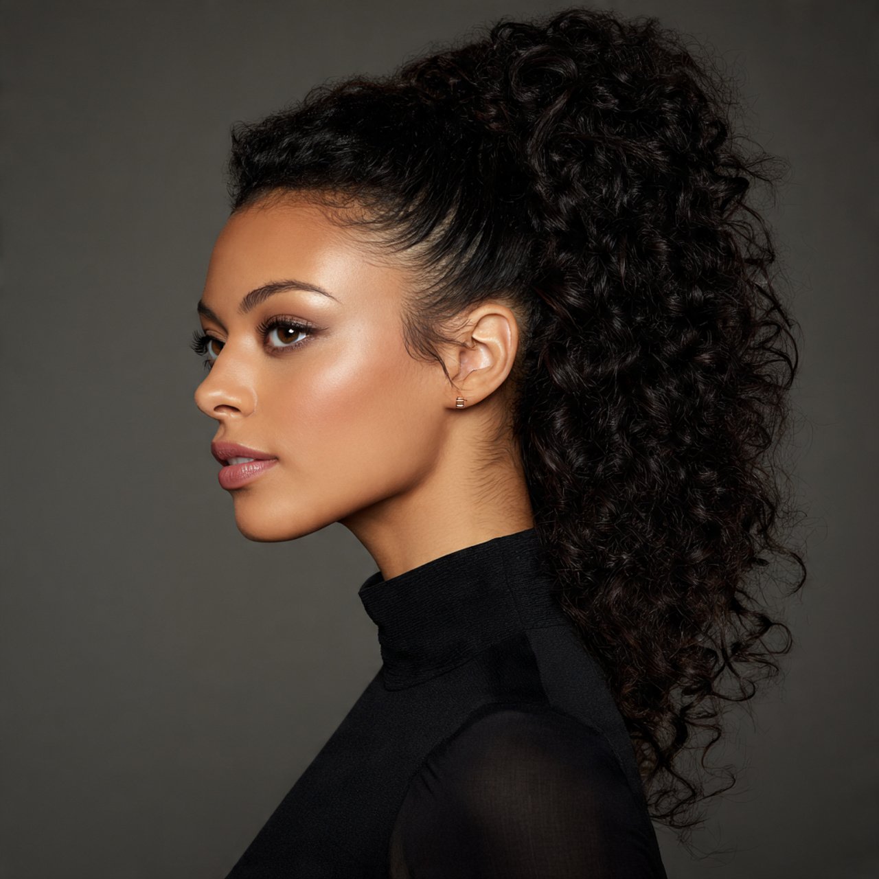 sleek front curly ponytail hairstyle polished and