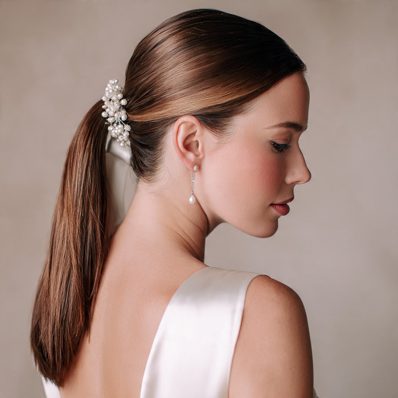 sleek low ponytail hairstyle for a wedding elegant