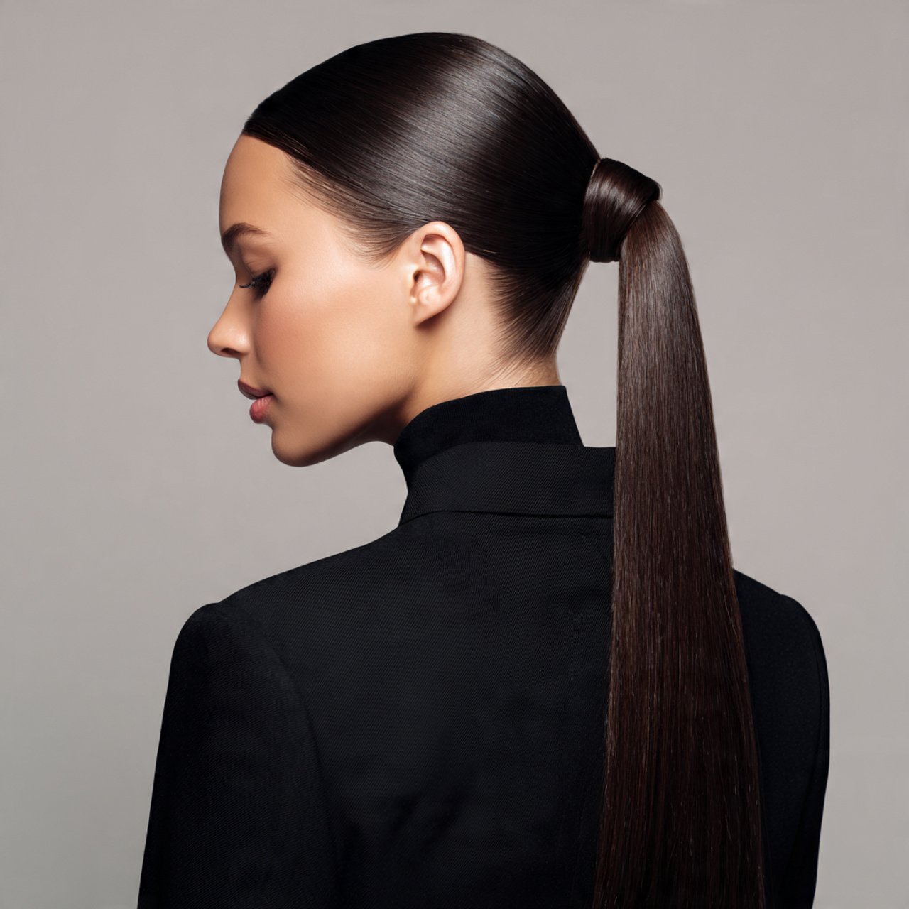 sleek low ponytail hairstyle on a woman single ima
