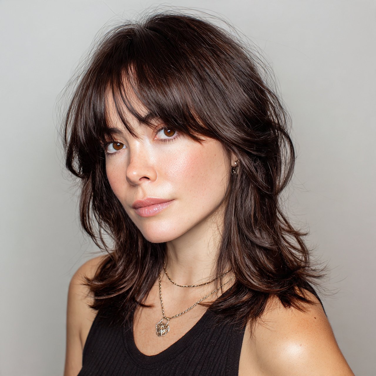 soft layered curtain bangs with shoulder length ha