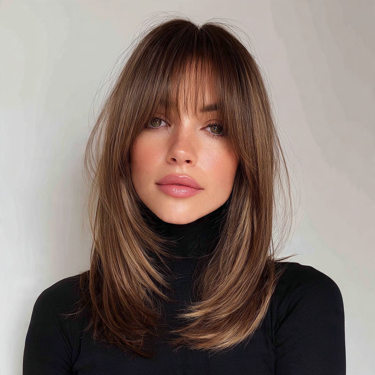 straight medium length hairstyle with sleek curtai