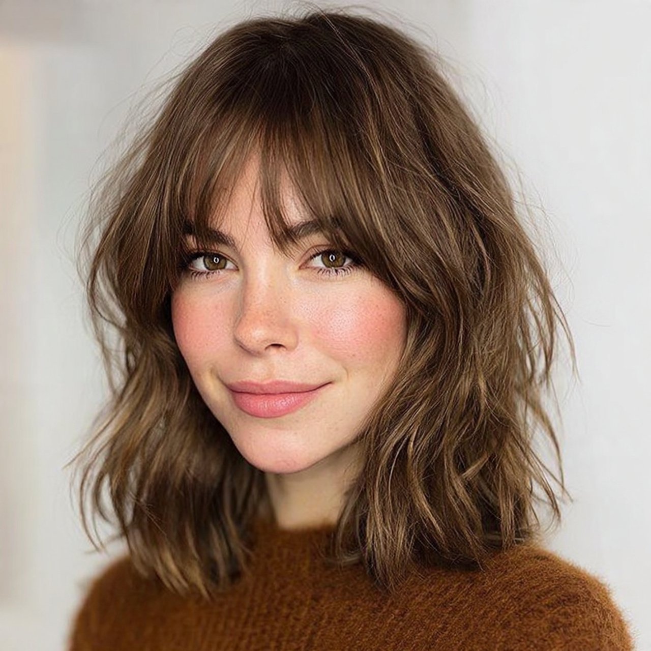 textured lob hairstyle with curtain bangs