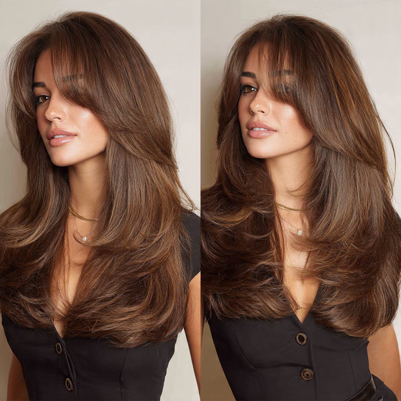 voluminous blowout hairstyle with curtain bangs