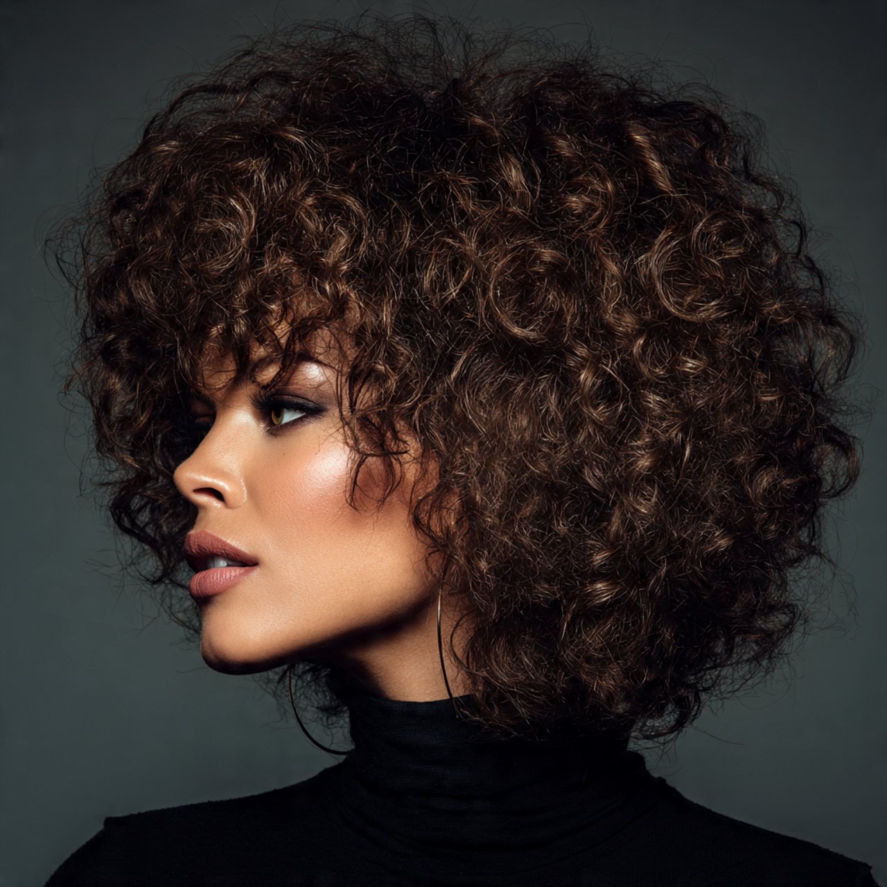 voluminous curly wolf cut hairstyle on a model pro
