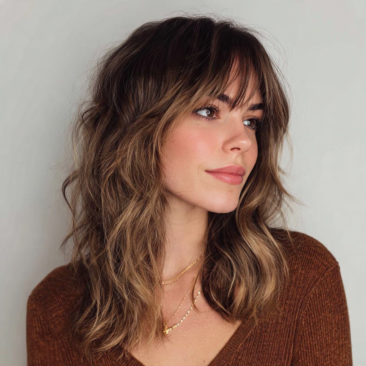 wavy medium length hairstyle with wispy curtain ba