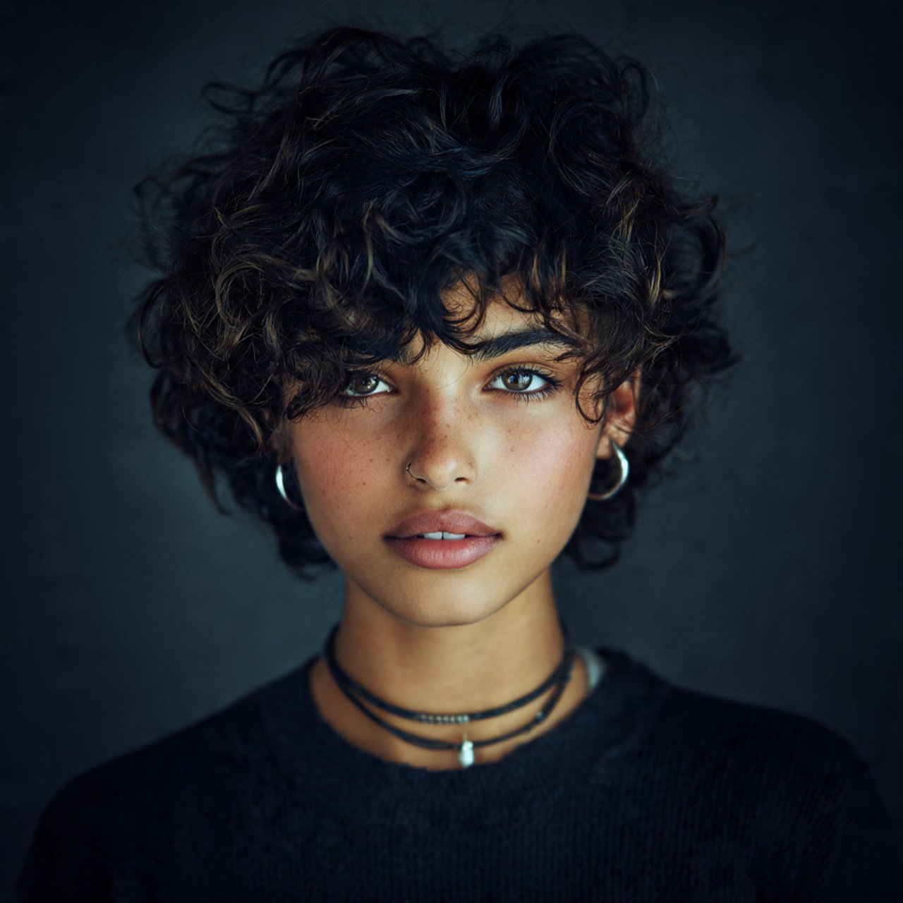 a girl with a curly wolf cut hairstyle fashionable
