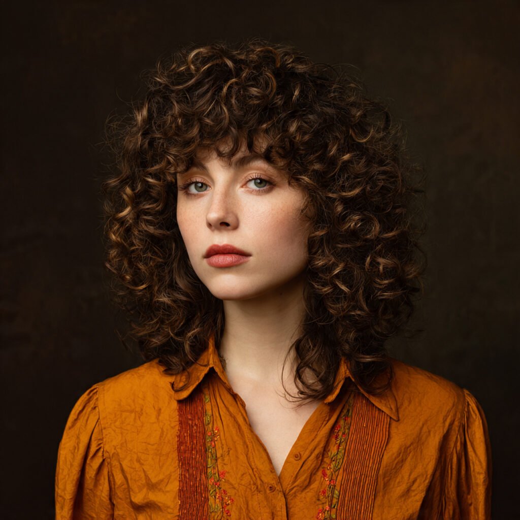 a portrait of a woman with curly curtain bangs hai