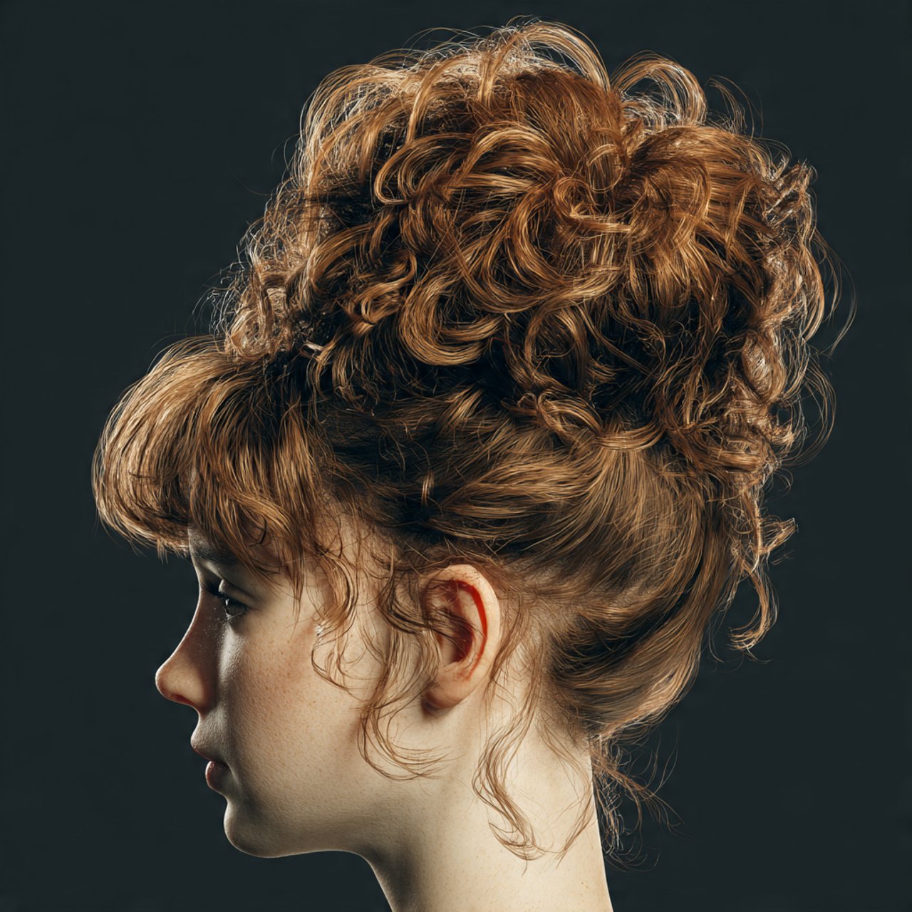 a single photo of a curly bun with bangs hairstyle 1