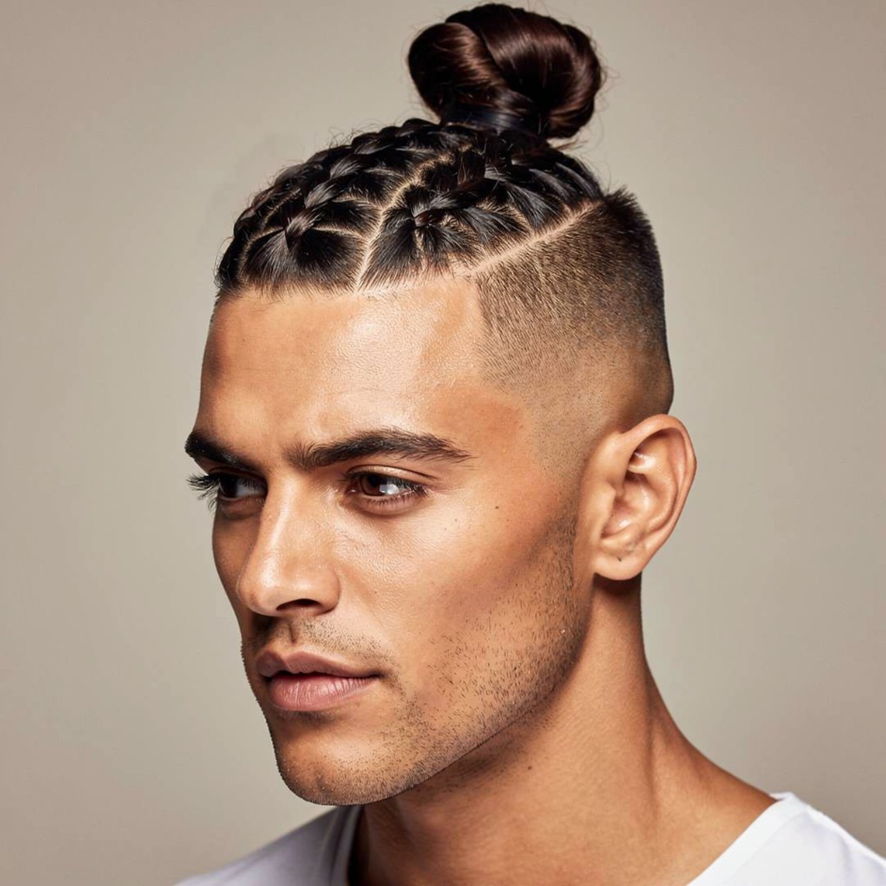 a single photo of a man with a braided top knot ha