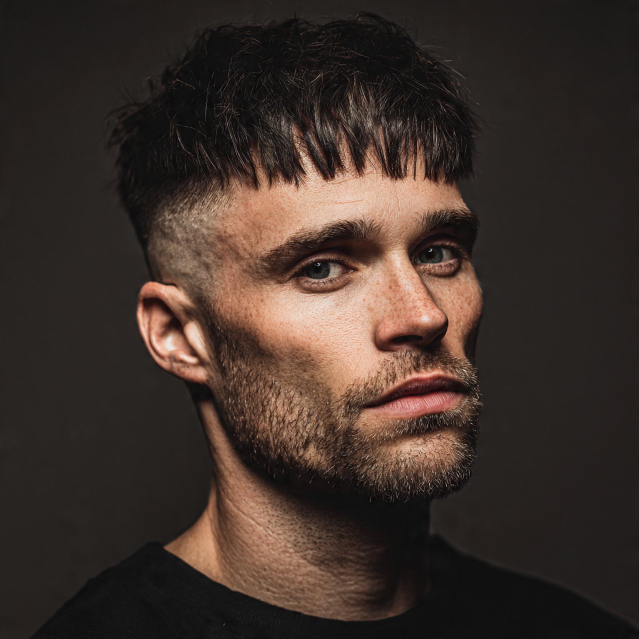 a single photo of a man with curtain bangs and und