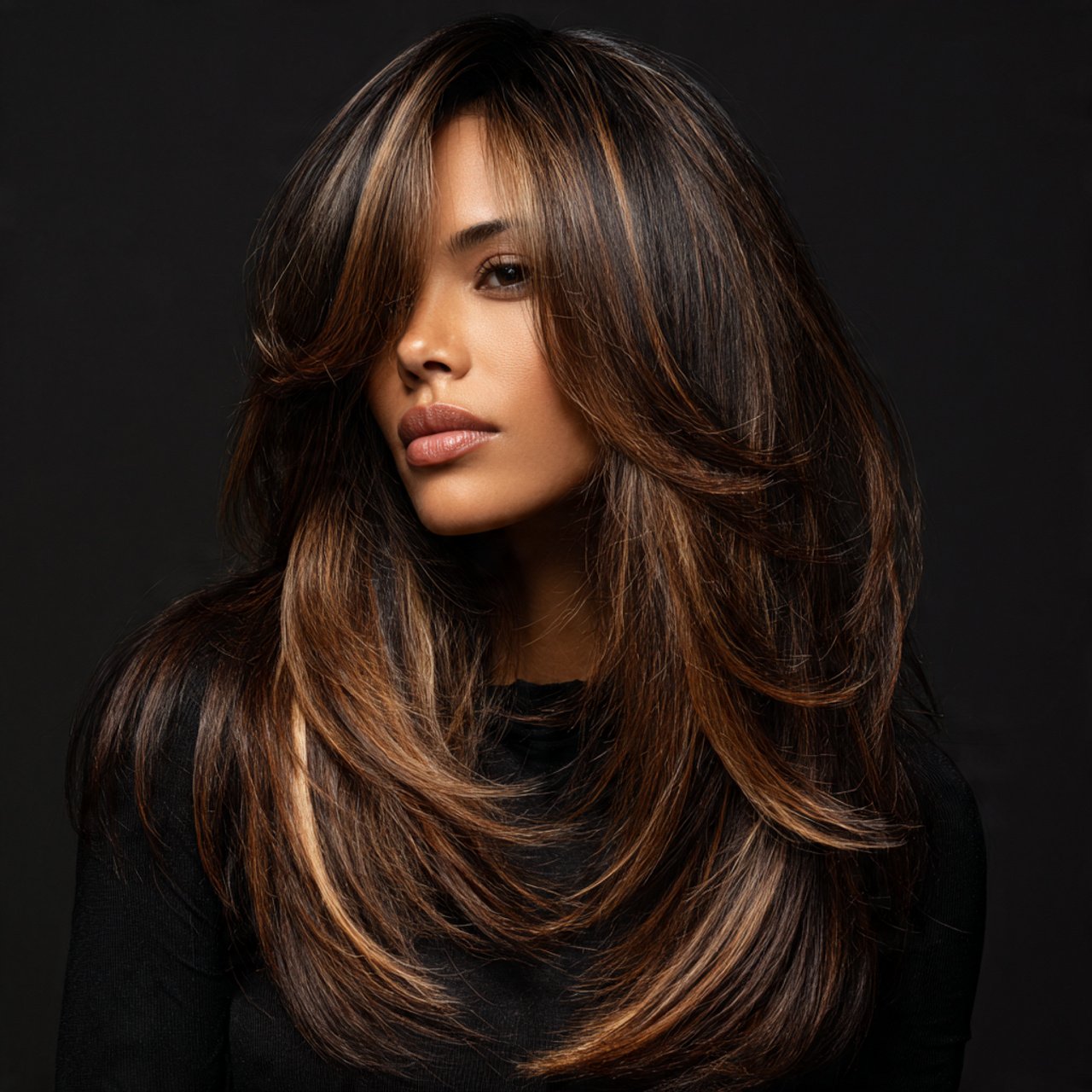 a single photo of a woman with a long wolf cut hai