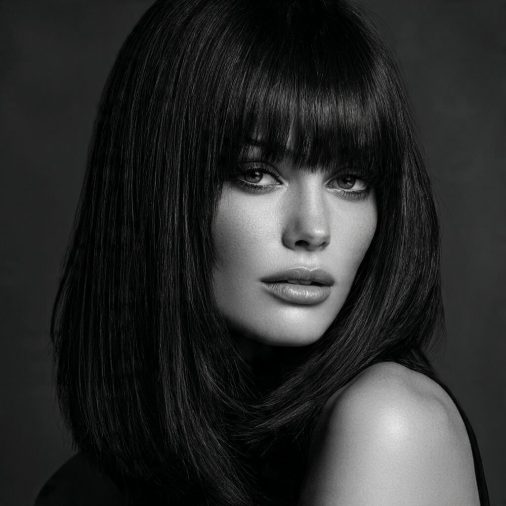 a single photo of a woman with a straight wolf cut
