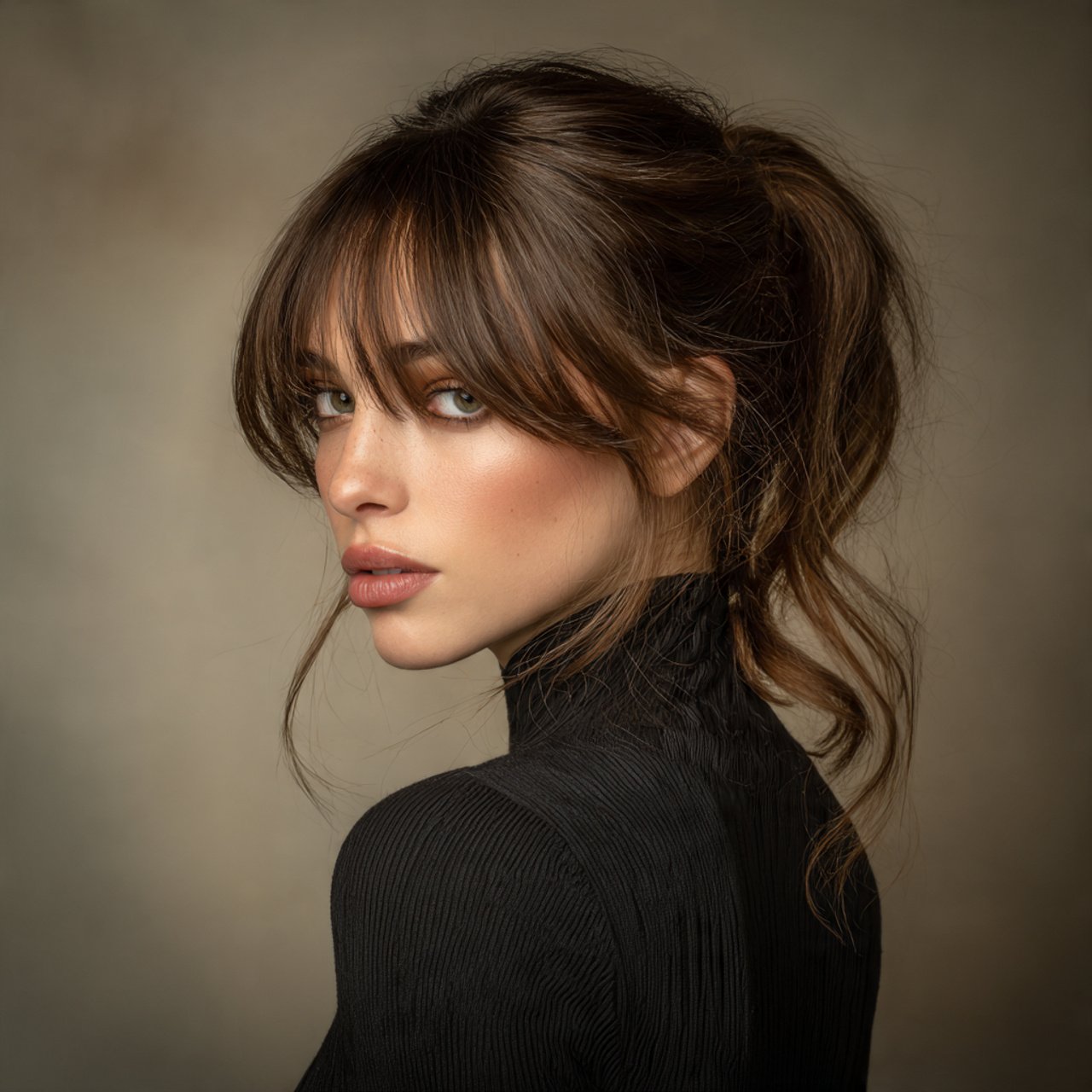 a single photo of a woman with curtain bangs hairs