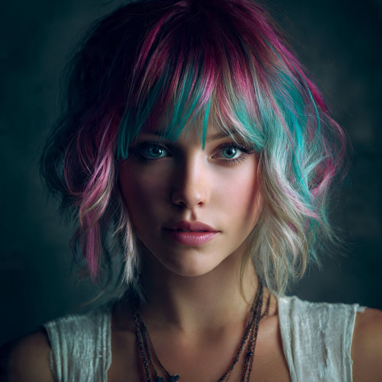 a single portrait of a girl with a wolf cut hairst