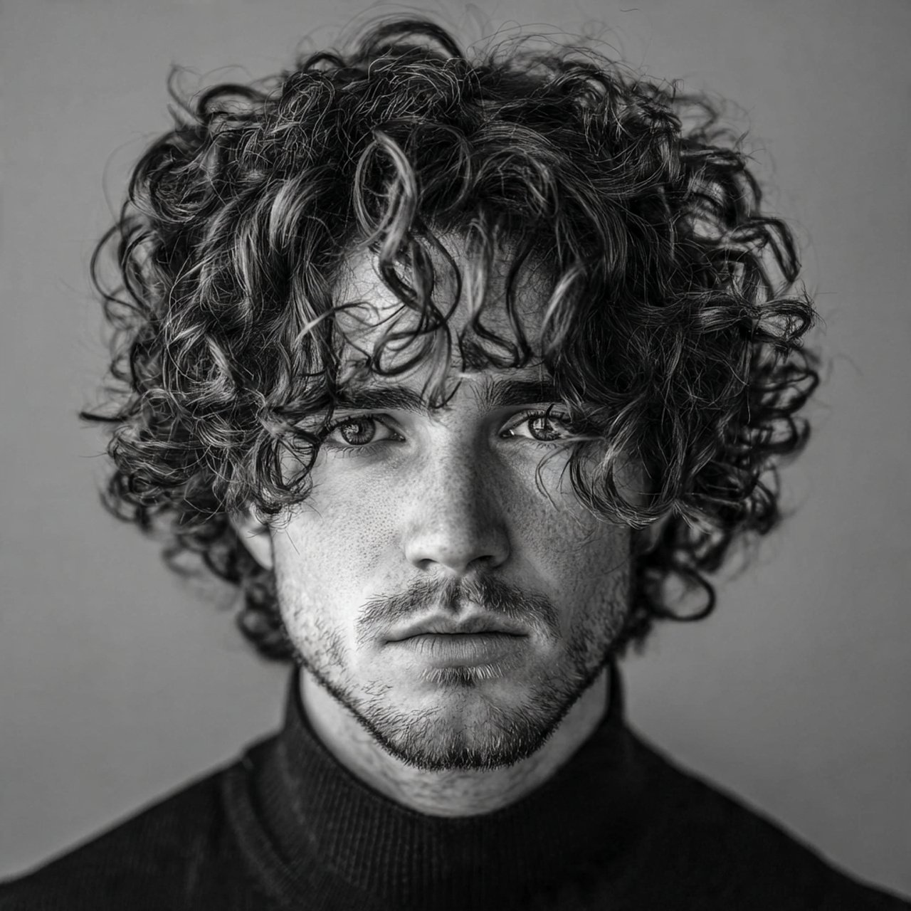 a single portrait of a man with curly curtain bang