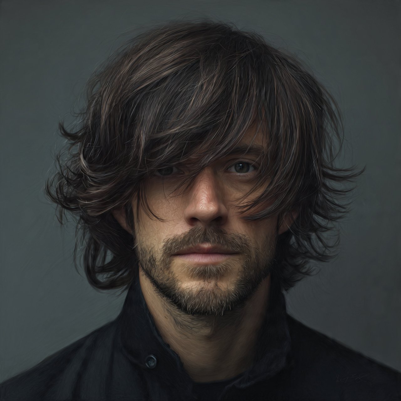 a single portrait of a man with curtain bangs hair