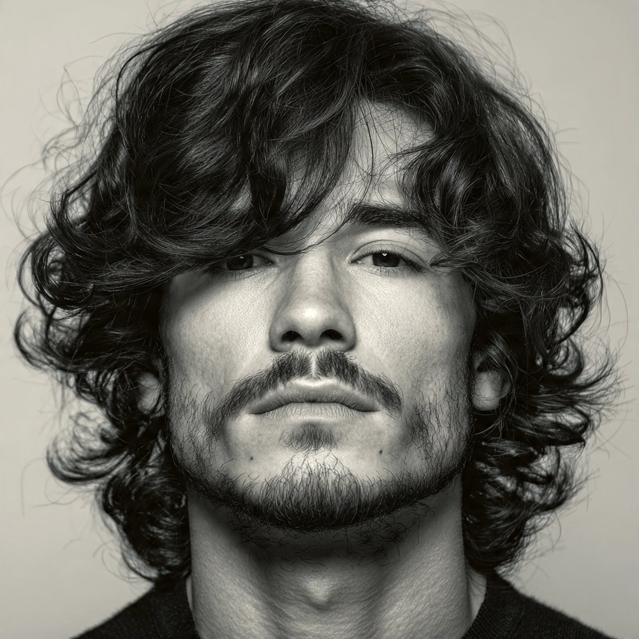 a single portrait of a man with wavy curtain bangs