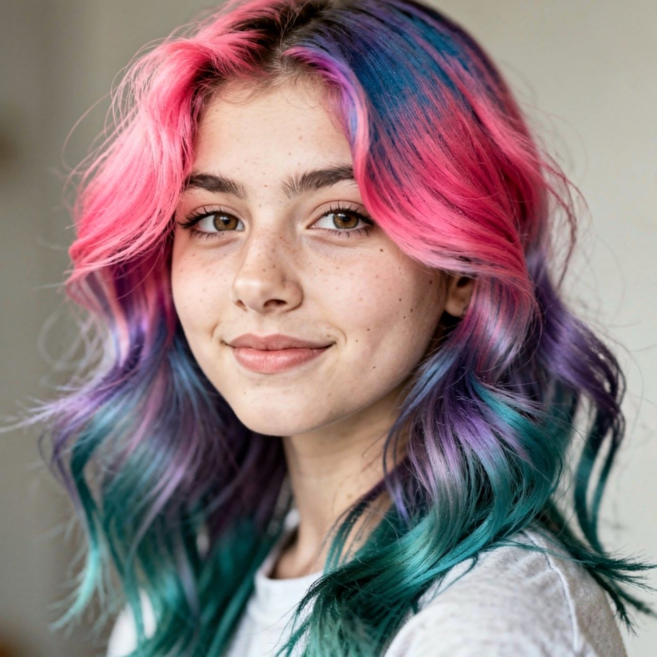 a single portrait of a teenage girl with vibrant m