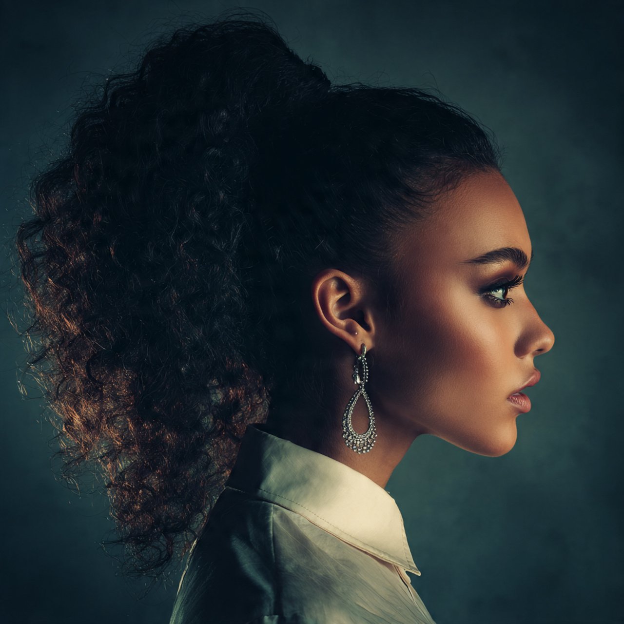 a single portrait of a woman with a curly high pon