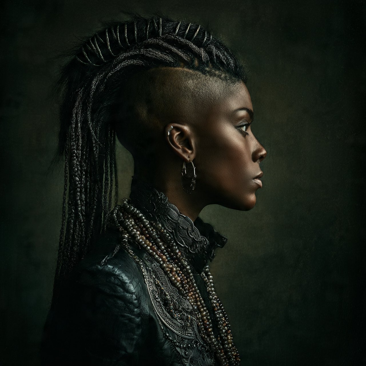 a single portrait of a woman with a mohawk hairsty
