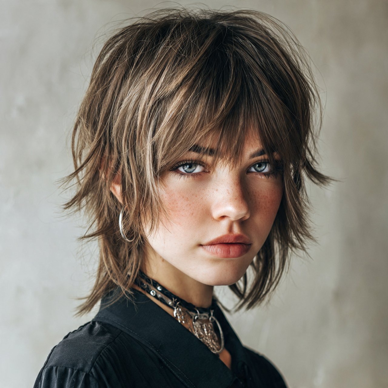 a single portrait of a young woman with a layered