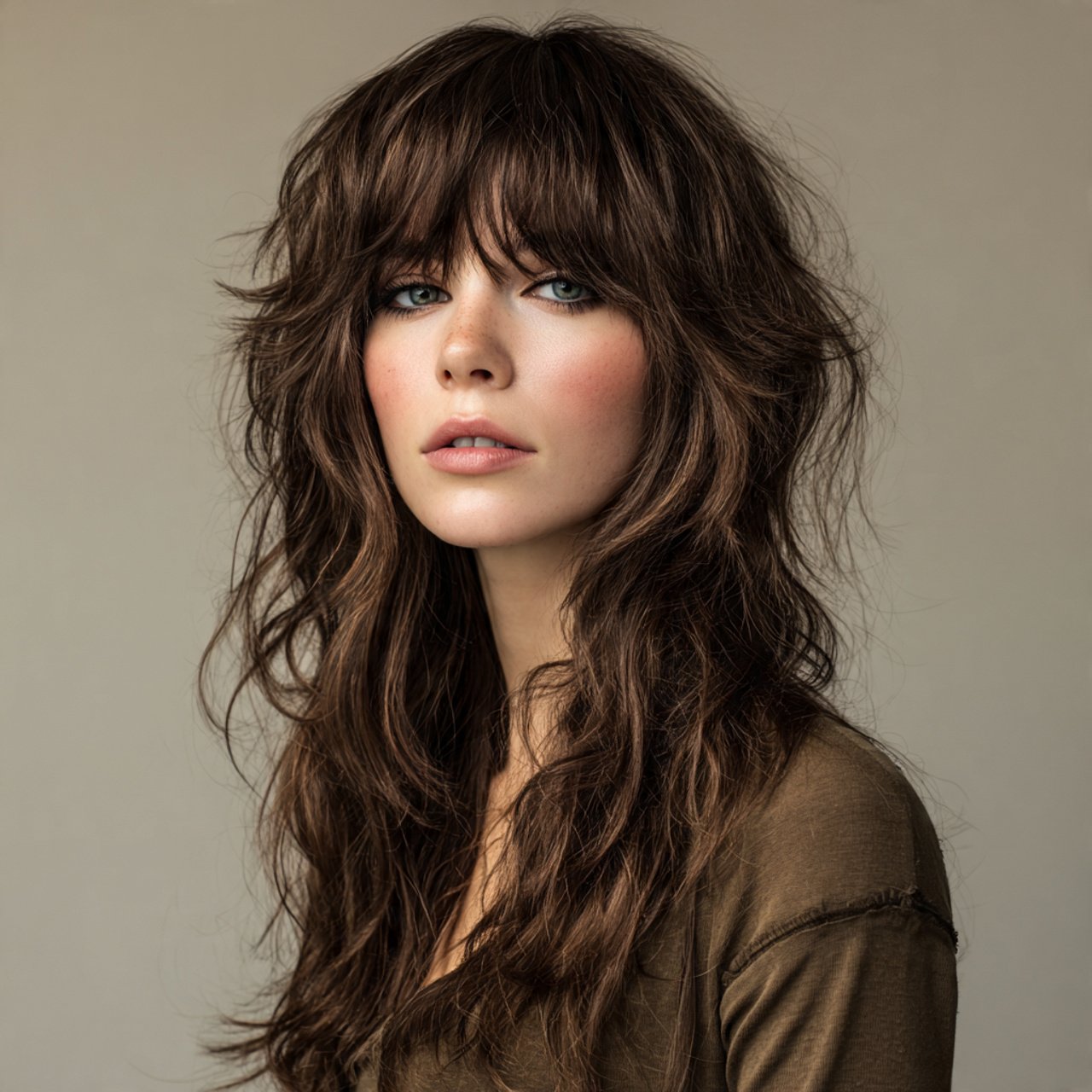 a single portrait photo of a woman with a long wol