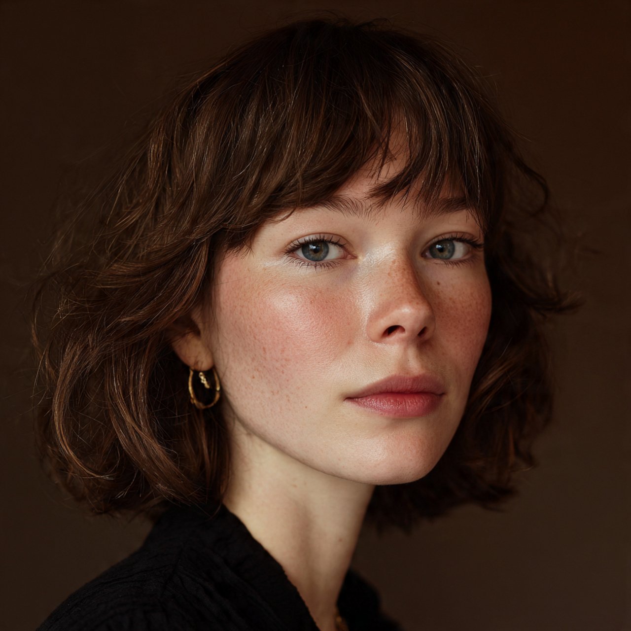 a single portrait photo of a woman with a wispy cu