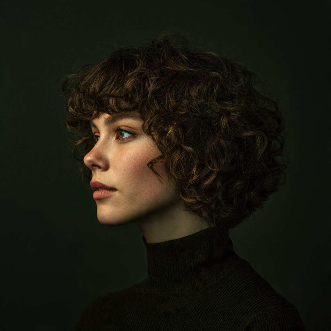 a single square portrait of a woman with short cur